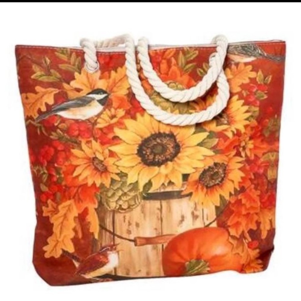 NWT Renshun Fall Harvest Flowers Tote Bag Beach Work Lined  XL Zipper Closure